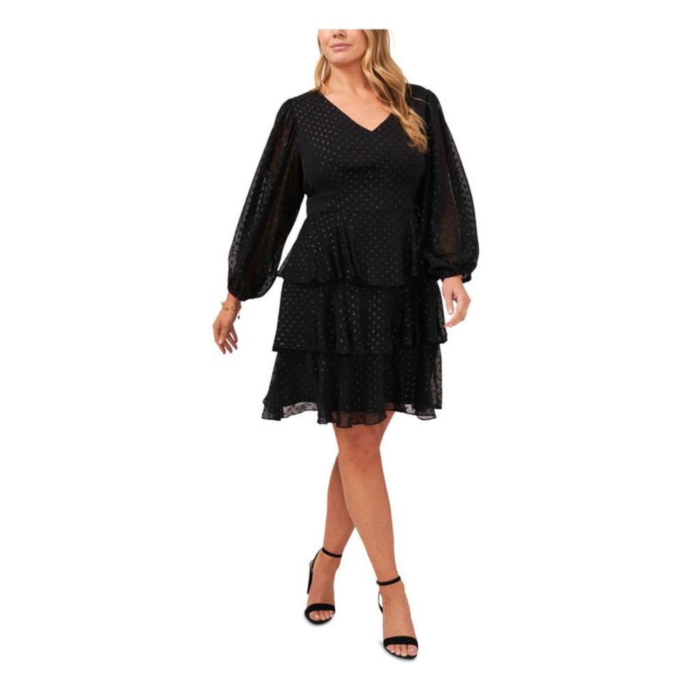 JBS LIMITED Womens Black Three Blouson Sleeve Fit + Flare Dress Plus 1X